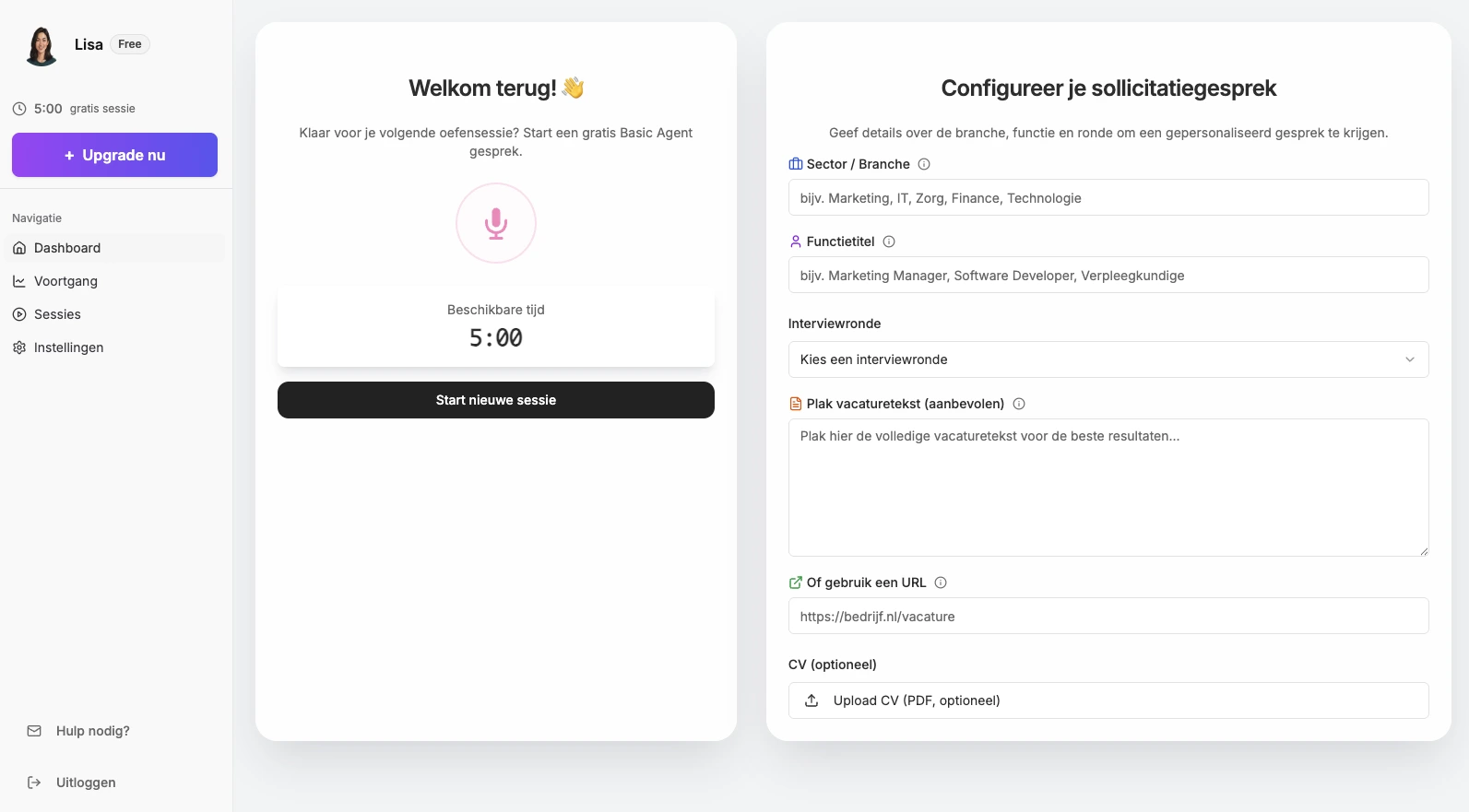Dashboard van BaanUp met een oefengesprek en feedback